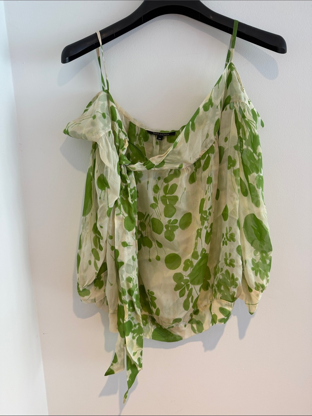 Tara Jarmon Green and Cream Floral Tie-Detail Camisole